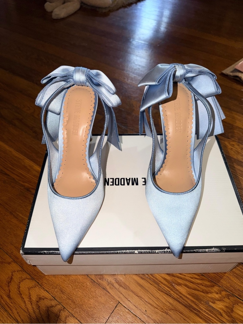 Steve Madden Light Blue Satin Pointed Toe Heels with Bow Ankle Tie